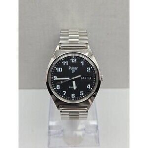 Pulsar by Seiko Day Date Quartz Field Watch New Battery Silver Tone Black Dial